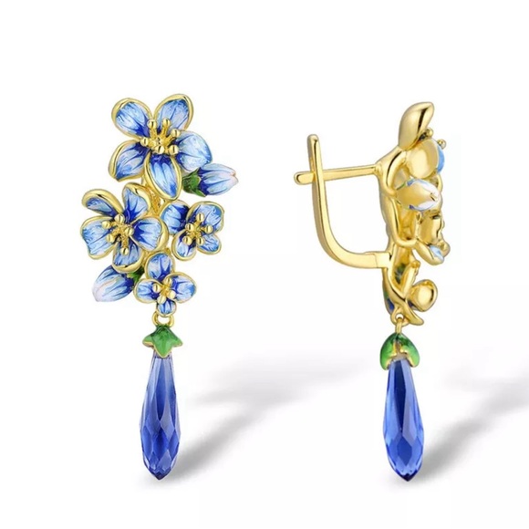 Blue flowers 18k yellow gold plated drop earrings - Picture 3 of 4